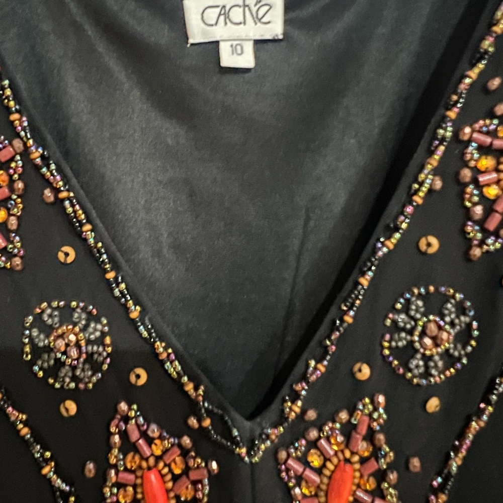 Cache Black SILK Embellished Flowy Fit Flare Evening Dress Lined Size 10 RARE